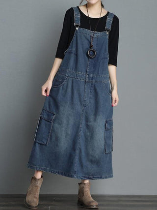 Dames Jurk Denim Maxi Losse Pasvorm met Verstelbare Schouderbanden