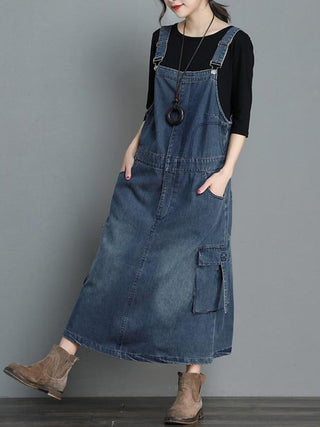 Dames Jurk Denim Maxi Losse Pasvorm met Verstelbare Schouderbanden