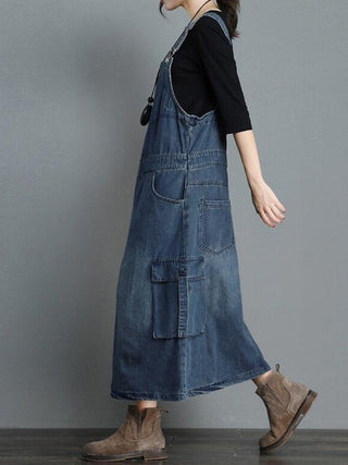 Dames Jurk Denim Maxi Losse Pasvorm met Verstelbare Schouderbanden