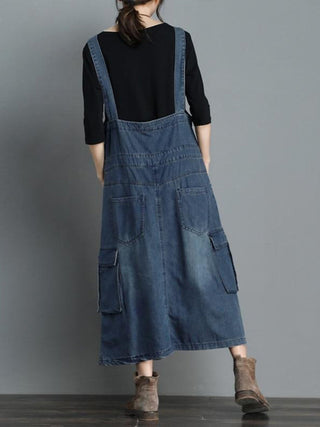 Dames Jurk Denim Maxi Losse Pasvorm met Verstelbare Schouderbanden