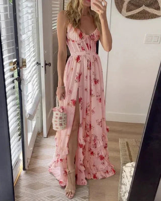 Dames Mouwenloze Kanten Midi Jurk met Bloemenpatroon voor Avondkleding Roze