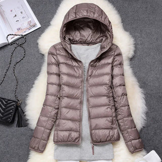Dames donsjack, vederlicht, met capuchon, taupe, opvouwbaar khaki capuchon