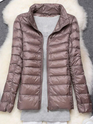 Dames donsjack, vederlicht, met capuchon, taupe, opvouwbaar