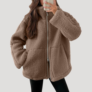 Dames fleece teddy winterjas van zachte stof met ritssluiting, luchtige textuur, ontworpen met een Bruin