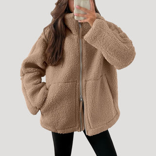 Dames fleece teddy winterjas van zachte stof met ritssluiting, luchtige textuur, ontworpen met een Beige