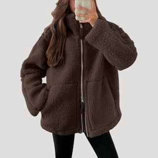 Dames fleece teddy winterjas van zachte stof met ritssluiting, luchtige textuur, ontworpen met een Donkerbruin