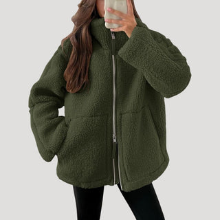 Dames fleece teddy winterjas van zachte stof met ritssluiting, luchtige textuur, ontworpen met een Groen