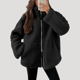 Dames fleece teddy winterjas van zachte stof met ritssluiting, luchtige textuur, ontworpen met een Zwart