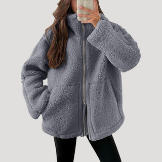 Dames fleece teddy winterjas van zachte stof met ritssluiting, luchtige textuur, ontworpen met een Grijs