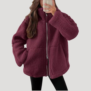 Dames fleece teddy winterjas van zachte stof met ritssluiting, luchtige textuur, ontworpen met een Rood