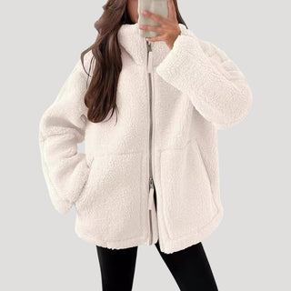 Dames fleece teddy winterjas van zachte stof met ritssluiting, luchtige textuur, ontworpen met een Wit