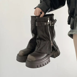 Dames winter bikerlaarzen, elegante platformlaarsjes bruin