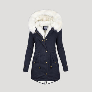 Dames winterparka met capuchon, imitatiebont en riem voor koud weer. Marineblauw