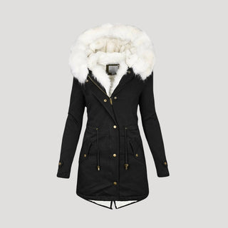 Dames winterparka met capuchon, imitatiebont en riem voor koud weer. Zwart