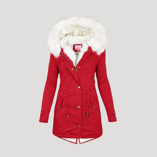 Dames winterparka met capuchon, imitatiebont en riem voor koud weer. Rood