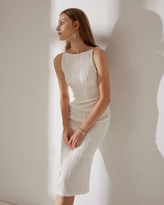 Nara | Elegante Midi-Jurk Dames - Ribstructuur met Parelbandjes Wit