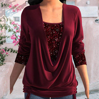 Elora | SparkleFlow Pailletten Blouse Plus Size – Luxe Designer Glitter Top & Slankmakende Minimalistische Feest Blouse Rood