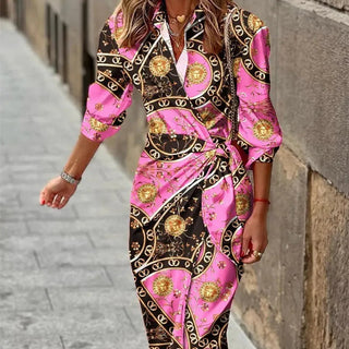 Isana | Maxi zomerjurk voor dames – Kleurrijke print, Vloeiend silhouet Donkerroze ketting 2XL