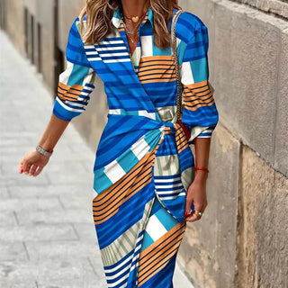 Isana | Maxi zomerjurk voor dames – Kleurrijke print, Vloeiend silhouet blauw en bruin gestreept