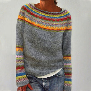 Dorothea | Dames Ronde Hals Gebreide Trui Fair Isle Wintertrui Grijs Oranje