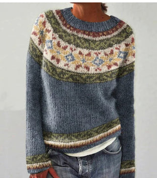 Dorothea | Dames Ronde Hals Gebreide Trui Fair Isle Wintertrui Blauw