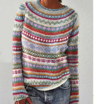 Dorothea | Dames Ronde Hals Gebreide Trui Fair Isle Wintertrui Rood-Wit-Oranje