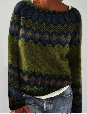 Dorothea | Dames Ronde Hals Gebreide Trui Fair Isle Wintertrui Groen