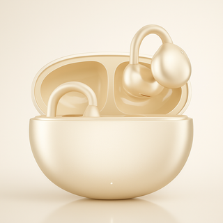 Draadloze Bluetooth-oordopjes met clipsluiting en open oordopjes voor helder geluid. Beige