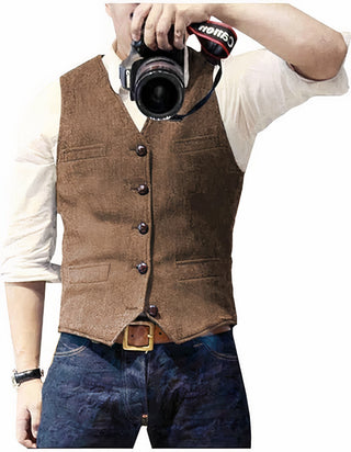 Heren Slim Fit Gilet - Mouwloos Vintage voor Vrije Tijd en Business Bruin