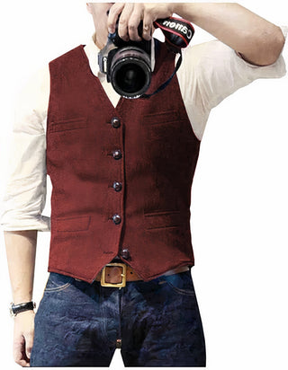 Heren Slim Fit Gilet - Mouwloos Vintage voor Vrije Tijd en Business Rood