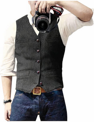 Heren Slim Fit Gilet - Mouwloos Vintage voor Vrije Tijd en Business Zwart