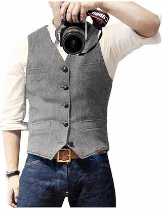Heren Slim Fit Gilet - Mouwloos Vintage voor Vrije Tijd en Business Grijs