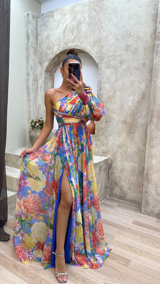 Dolce | Dames Maxi-jurk – One-shoulder Design & Multicolor Print regenboog