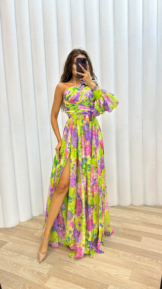 Dolce | Dames Maxi-jurk – One-shoulder Design & Multicolor Print geel