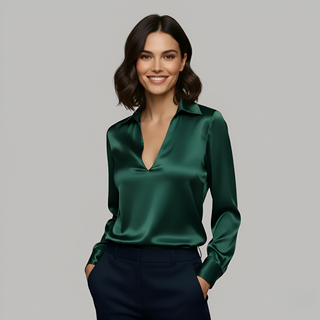 Flora | Dames Blouse – Luxueus Satijn, Elegante V-hals & Verfijnde Glans Groen