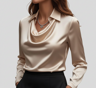 Sahara | Dames Blouse – Luxueus Satijn, Elegante Zachte Kraag & Zijdezachte Glans Beige