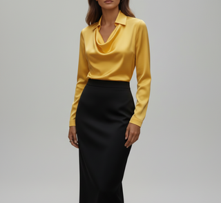 Sahara | Dames Blouse – Luxueus Satijn, Elegante Zachte Kraag & Zijdezachte Glans Geel