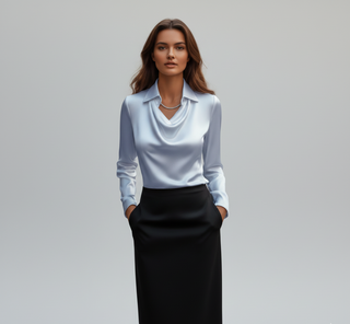 Sahara | Dames Blouse – Luxueus Satijn, Elegante Zachte Kraag & Zijdezachte Glans Blauw
