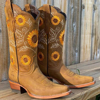 Elisabeth | Dames cowboylaarzen met zonnebloemborduurwerk Kaki