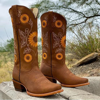 Elisabeth | Dames cowboylaarzen met zonnebloemborduurwerk Bruin