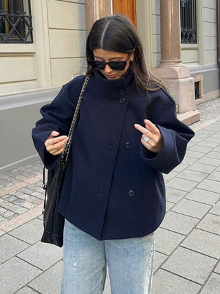 Korte Dubbelzijdige Jas Luxe Stijl Warm Stof Elegant Donkergrijs