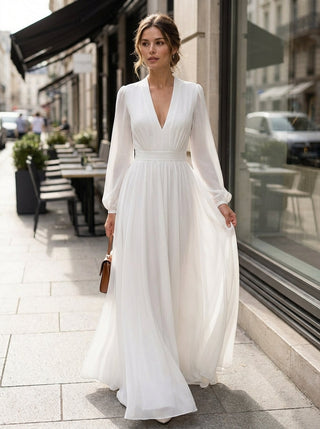 Flore | Lange jurk voor dames - Witte maxi-jurk met lange mouwen en V-hals wit