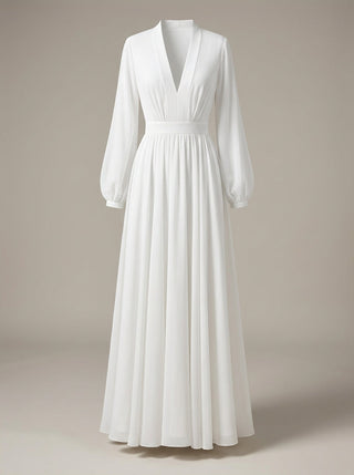 Flore | Lange jurk voor dames - Witte maxi-jurk met lange mouwen en V-hals