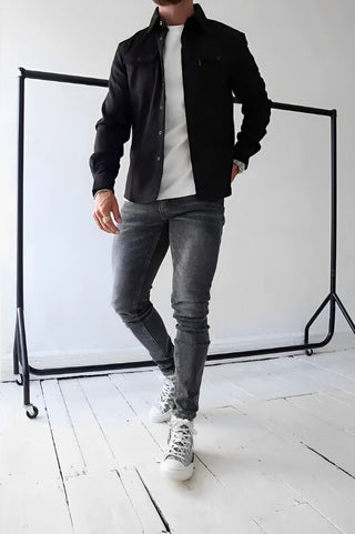 Gavin | Heren Slim Fit Overhemd Lange Mouw Katoen Casual Shirt Zwart