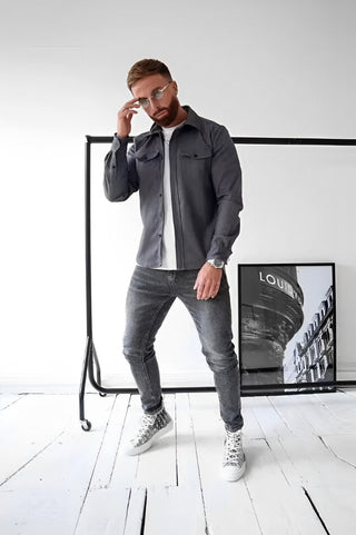 Gavin | Heren Slim Fit Overhemd Lange Mouw Katoen Casual Shirt Donkergrijs