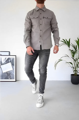 Gavin | Heren Slim Fit Overhemd Lange Mouw Katoen Casual Shirt Lichtgrijs
