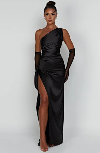Naraya | Dames Maxi-jurk – Geplooid Satijn, Eén Schouder & Elegante Split Zwart