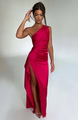Naraya | Dames Maxi-jurk – Geplooid Satijn, Eén Schouder & Elegante Split