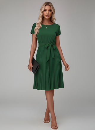 Amore | Dames Midi-jurk – Sierlijke Plissé-details, Taille-accentuerende Riem & Soepelvallend Comfort Groen