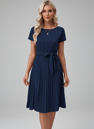 Amore | Dames Midi-jurk – Sierlijke Plissé-details, Taille-accentuerende Riem & Soepelvallend Comfort Koningsblauw